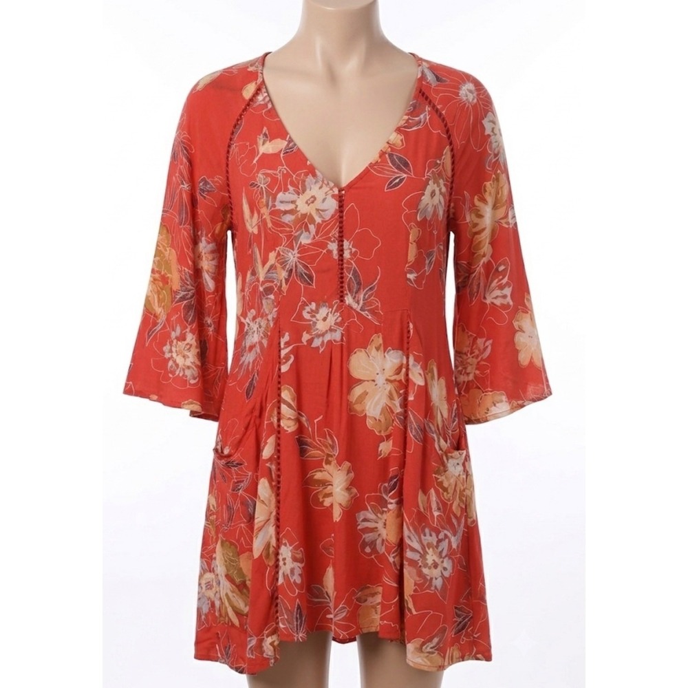 Free People Eyes‎ On You Floral Mini Dress Size 0 Red Boho Bell Sleeve Pockets